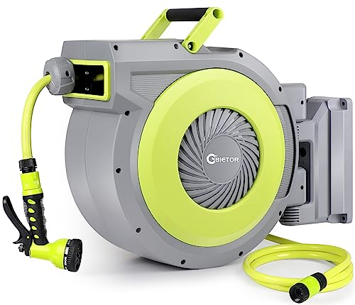 Bietor Avvolgitubo retrattile da giardino, montaggio a parete, avvolgitubo per acqua resistente, 40 m + 2 m, con ugello per tubo a 9 modelli, sistema di ritorno lento, blocco di qualsiasi lunghezza,