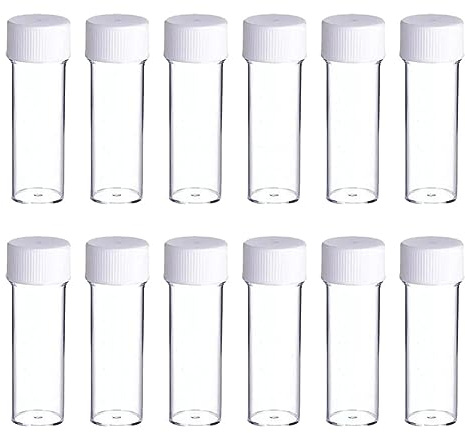FSSTUD 12 Stück 25 ml kleine Reagenzgläser aus Kunststoff, transparente Perlen, Aufbewahrungsbehälter, Süßigkeitenröhrchen, Fläschchen, flache Probenröhrchen, Badesalzfläschchen mit Kappen