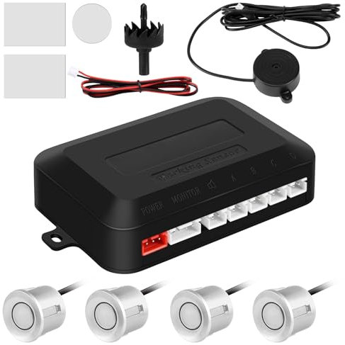 Bopfimer Sensor De Aparcamiento De Coche Parktronic 4 Sensores 22 Mm con Zumbador De Zumbador De De Respaldo Inverso-Plata