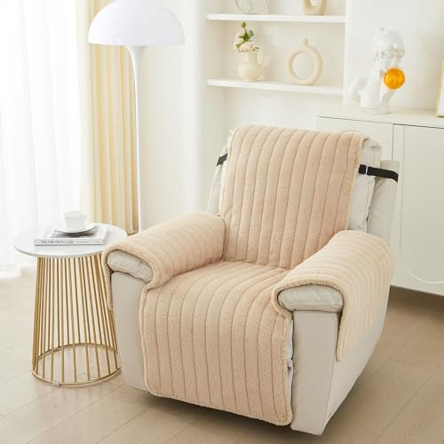 Highdi Sesselschoner für Relaxsessel 1 Sitzer Fernsehsessel Ruhesessel Bezüge, Weich Kunstkaninchenfell Sesselschutz Sesselauflage Universal Plüsch Sesselbezug Lehnenschutz (55x200cm,Khaki)
