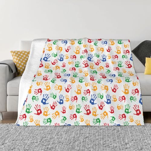 Cobija de microforro polar ultrasuave con estampado de arco iris con formas de manos coloridas para cama, sofá, silla, sala de estar
