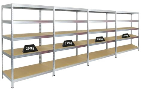 PROREGAL Mega Deal 4er-Set Schwerlastregal Rivet | HxBxT 180x120x60cm | Fachlast 250kg | Verzinkt | Innovatives Stecksystem, Verzinkt, Garagenregal, Lagerregal, Kellerregal