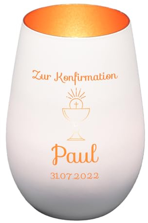 Windlicht mit Gravur zur Konfirmation | Weiß/Bronze | Motiv Kelch | Geschenk zur Konfirmation Junge Mädchen | Tischdeko und Konfirmationsgeschenk personalisiert | Teelichtglas