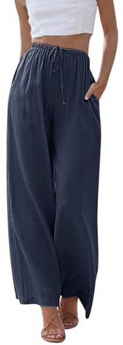 Voqeen Femme Pantalon D'été en Lin Taille Haute Couleur Unie Pantalon de Plage Large Décontracté Taille Élastiquée avec Poches