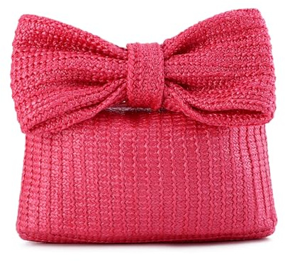 EVEOUT Pochette en Paille avec Nœud pour Femmes - Sac à Main Tressé pour l'Été - Clutch pour Mariage et Fête (Rouge Rosé)