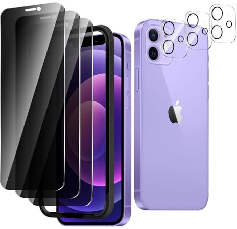 3 Pack Privacy Screen Protector for iPhone 12 mini [5.4 inch] With 3 Pack Camera Lens Protector, Mounting Frame, Black Anti Spy Tempered Glass 9H Hardness, Anti-Scratch, Bubble Free