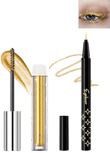 Gold Glitter Flüssige Wimperntusche & Eyeliner Set, Long Thick & Volume Lash Mascara, Glitzer Eyeliner, Wasserfest und Langlebig, Shimmer Highlight Metallic Augen Makeup Set für Frauen-02# Gold