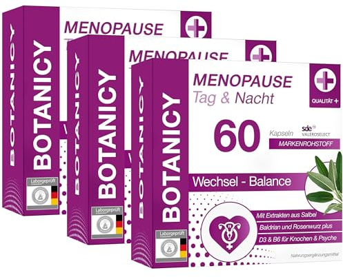 Botanicy MENOPAUSE TAG & NACHT - Gegen Wechseljahre Symptome - mit Salbei & Baldrian - Pflanzenextrakte & Vitamine - Natürlich, Hormonfrei, Vegan - 3 x 60 Menopause Kapseln