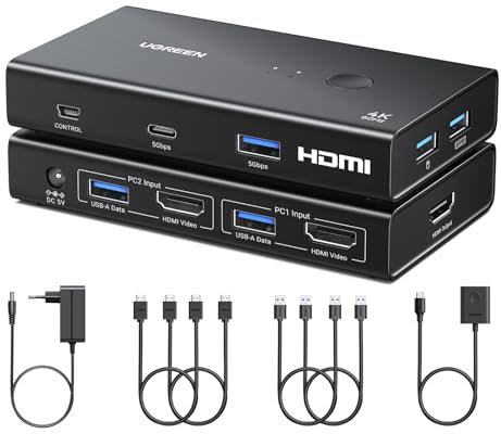 UGREEN Switch KVM HDMI 4K 60Hz 2 Ingressi 1 Uscita con 4 Porte USB A e 1 Tipo C 3.0 per Tastiera Mouse Hard Disk Stampante con 4 Cavi Adattatore di Alimentazione Controllore da Tavolo