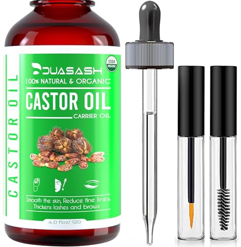 Duasash Olio di Ricino Biologico per Ciglia e Sopracciglia 120ml Olio di Ricino per Capelli Unghie, Pelle e Barba 100% Puro Biologico Castor Oil con Set di Pennelli