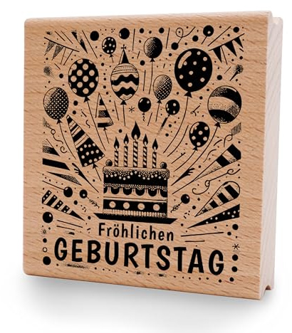 NEWSTAMPS Stempel Fröhlichen Geburtstag Motivstempel aus Holz & Gummi zum Karten und Geschenke basteln, Holzstempel für Scrapbook, Textilstempel, Deko