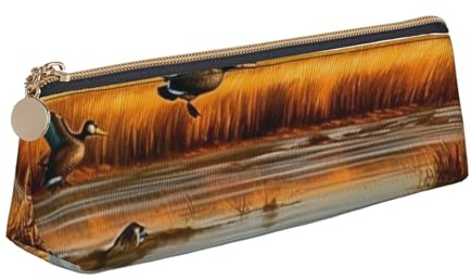 KCGSDEGV Federmäppchen, Motiv: Jagd, fliegende wilde Ente, 5 bedruckte Dreiecks-Federmäppchen, niedliches Leder-Federmäppchen, Stiftetasche, Halter, Schreibwaren, Organizer, Box für Schule, Mädchen,