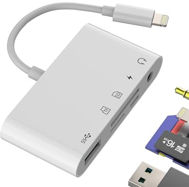 Adaptateur Lightning Vers USB Lecteur Carte SD(5 en 1)OTG 3.0 Micro SD Card Reader Prise AUX Ecouteur 3.5mm Pour IPhone 14 Pro Max Casque Chargeur Splitter Pour Apple TF Mémoire Flash Caméra Pour IPad