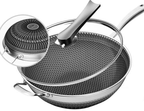 KRODEAIR Poêle Wok antiadhésive en Acier Inoxydable de 12 Pouces avec Couvercle, Wok en nid d'abeille sauté, poêle Wok de Cuisson, pour Tables de Cuisson à gaz, Induction, cuisinière électrique