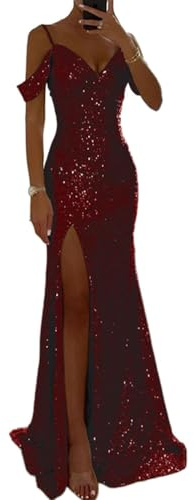 shownicer Abito da Donna Senza Maniche Scollo V Paillettes Vestito con Spacco Elegante Maxi Abito Lungo da Sera Cerimonia Cocktail Nozze Festa D Rosso S