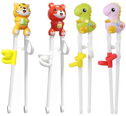 Xiuyer Kinder Essstäbchen - 4 Paare Training Chopsticks Mit Helfer für Anfänger, Erwachsene, Senioren - Dinosaurier + Tiger