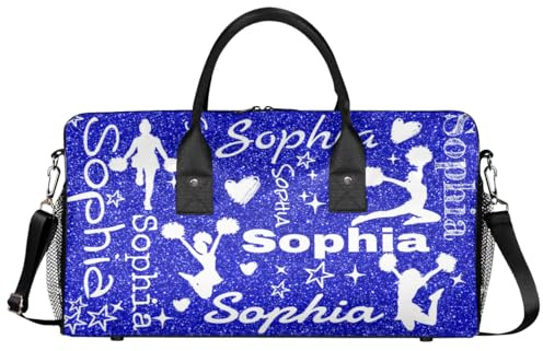 Mintoprints Benutzerdefinierte Cheer Duffle Bag für Cheerleaders Personalisierte Name Gym Taschen Cheerleading Turnbeutel Sporttasche Tragetaschen, Blau und Weiß., 17.4x8.3x9.5, Cheerleading