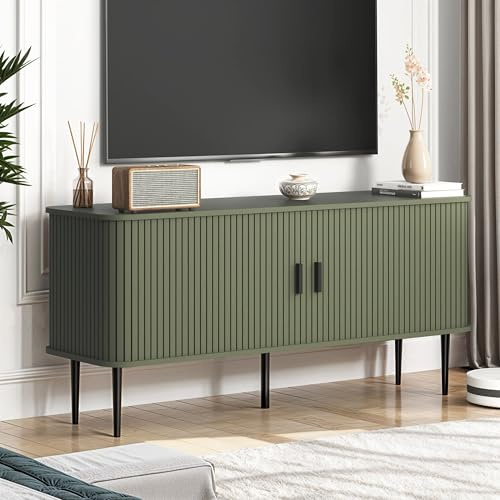 Galano Stanney Wide TV Unit – Entertainment Centre for up to 55 TV – 130cm TV Stand Cabinet with 2 Sliding Doors – Large Storage for Living Room – Kale Green