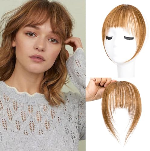 Clip-in Pony aus 100 % echtem Menschenhaar – Französischer Pony für Damen, künstlicher Pony mit Clips, Haarverlängerung mit seitlichen Strähnen (Hellbraun 2)