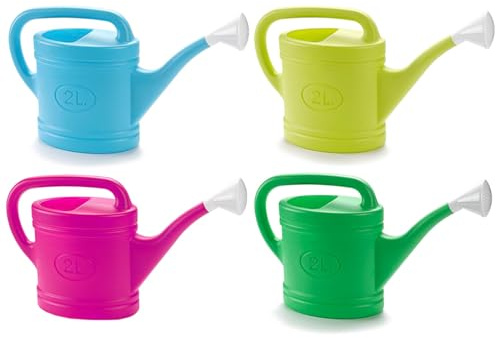 Tradineur - Pack de 4 Regaderas de plástico - Capacidad 2 litros - Utensilios de jardinería, riego, casa, balcón, terraza - Color Aleatorio