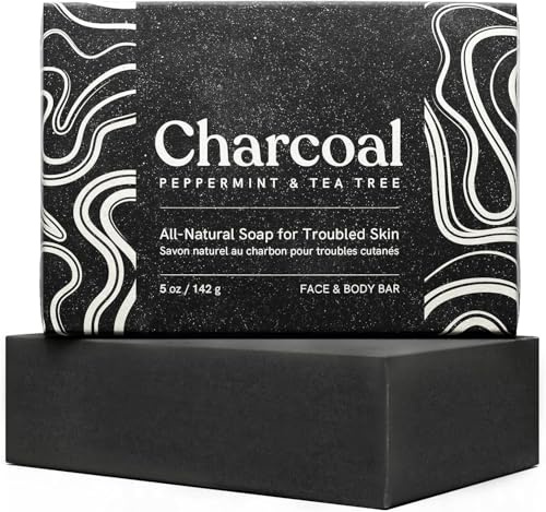 Sapone al Carbone Attivo Natural 100% Detox - Anti Acne, Eczema, Psoriasi – Viso e Corpo – Pelle Grassa e Impura –Profumazione Menta Piperita e Tè-1 Pezzo 142g