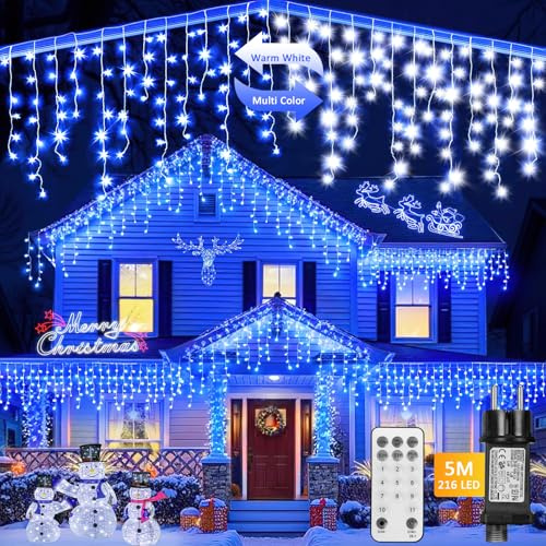 Auniq Eisregen Lichterkette Außen mit Fernbedienung, 5M 216 LED Eisregen Lichtervorhang Weihnachtsbeleuchtung 11 Modi Eiszapfen Lichterkette mit 5m lange Kabel für Balkon Fenster Traufe (Blau & Weiß)
