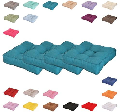 Stuhlkissen 1er/2er/4er Set - 40x40/45x45/50x50 cm | 9 cm Dicke Lounge Cushion | Indoor Outdoor Kissen für Garten, Küche, Café | Bodenkissen Esszimmer Stühle (Türkis,4er Set 50×50)