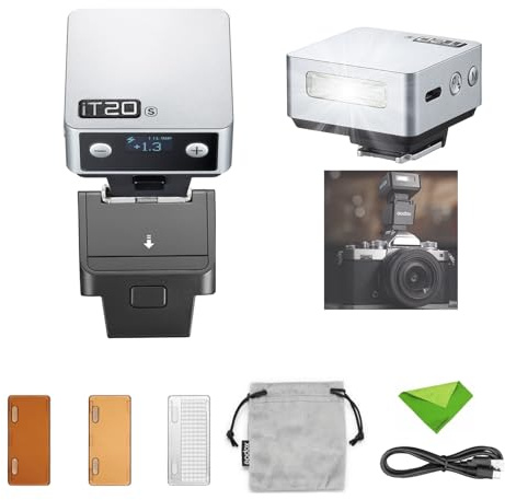 Godox IT20S Mini kamerablixt, kompatibel med Sony-kameror, TTL, 700+ full effekt, 1,5s återvinningstid, USB-C-laddning, med magnetisk diffusor och filter - silver