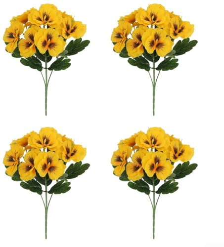 Vibrant Pansy Faux Flowers Set of 4 for Home Decor and Special Occasions (Yellow)