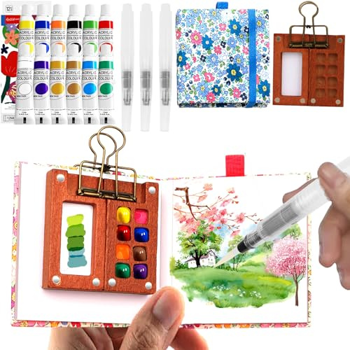 Portable Mini Watercolour Paint Set Travel & Wooden Paint Palette with Metal Clip,12 Colors Water Colour Paints Sets with Sketchbook & Water Pen for Pocket Watercolour Painters,Artists,Beginner (Blue)