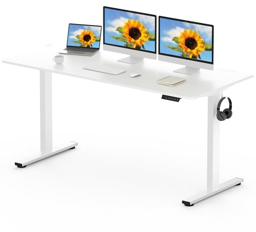 FLEXISPOT 160 x 80cm Electric Standing Desk ONE PIECE Height Adjustable Desk Sit Stand Desk with 4 Memory Smart Panel and Backpack Hook for Home Office, (White Frame+White Desktop)