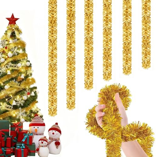 Weihnachten Lametta Girlande, 6 Stück x 2M Glänzende Lametta, Weihnachtsbaum Girlande Festlich, Weihnachtsschmuck Baum Dekoration für Weihnachtsfest (Gold)