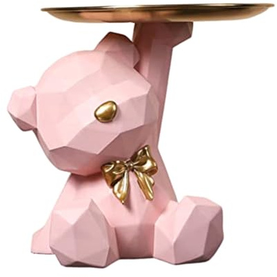 Elqater Storage Tray Statue Key Holder Figurine, Jewelry Earrings Lipsticks Tray, Bear Statues with Dish, Sculptures Key Bowl Easy to Use -B