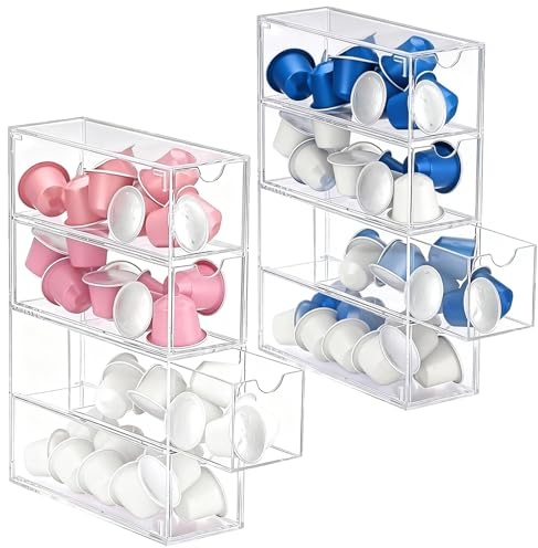 CRCFSUK 2Pcs Acrylic Coffee Pod Storage Organiser with 4 Drawers - Transparent Holder for Nespresso Vertuo/Original, Dolce Gusto & K-Cups - 24.7x17.6x6.6cm Stackable Drawer Box