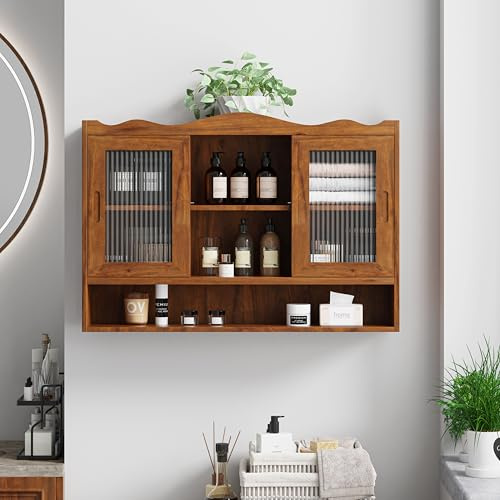 Ligterra 90 cm Hängevitrine, Hängeschrank Küche, Shabby Chic Hängeschrank mit 2 Türen und DREI Ablageebenen, Küchenhängeschränke, Geeignet für Badezimmer, Küchen und Esszimmer(Braun)