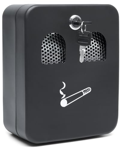 Wall Mounted Ashtray Large | Lockable Cigarette Bin Outdoor & Indoor | Black Powder Coated Smoking Bin for Offices, Restaurants, & Homes | Ash Trays with Luminous Cigarette Sign