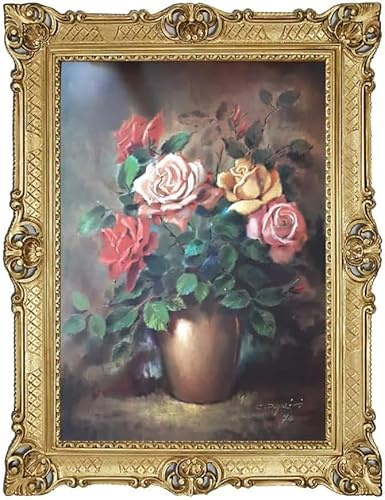 Wandbild Wunderschönes Repro Antik-Look gerahmtes Gemälde 90x70cm by C. RAVEL Blumen Rose Rosen Vase Gold