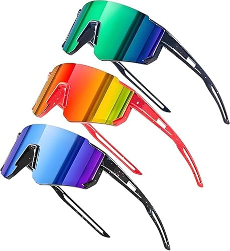Dreaku Cykelglasögon för barn, 3 st, sportglasögon för barn, UV400-skydd, polariserade, motvind, för pojkar och flickor, utomhusaktiviteter, cykling, löpning, golf (svart+)