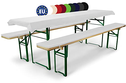 Beautissu 3tlg Bierzeltgarnitur Auflage Set 70cm Comfort XS – Gepolsterte Auflage für Biertisch & Partyzeltgarnitur – Bierbankauflagen Tischdecke & Sitzpolster Waschbare Festzeltgarnitur Weiß