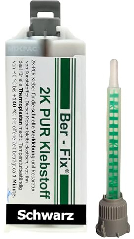 Ber-Fix 2K PUR Kleber schwarz 50g schnell flexibel | 2K PUR Kleber schwarz 50g schnell flexibel: Schwarzer 2K-PUR-Kleber für schnelle Kunststoff-, Halter- und