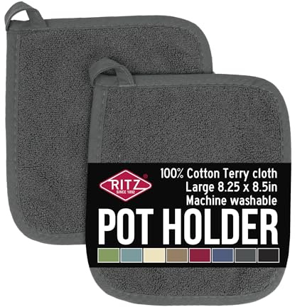 RITZ Terry Potholder & Hot Pad: Unparalleled Heat Resistant, Durable 100% Cotton – Ergonomically Designed for Optimal Grip – Easy-Care Machine Washable – 2-Pack, Graphite