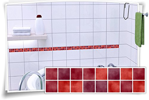 Fliesenaufkleber Fliesenbordüre Bordüre Mosaik Rot Kachel Aufkleber FB1, 20 Stück, 20x5,2cm (BxH)