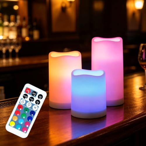 Candele senza fiamma WRalwaysLX con timer, Candele LED a cambio colore con telecomando, Candele a batteria per interni e esterni, set di 3, 2,5 D X H3/4/5 da 3AAA Batterie (non incluse)
