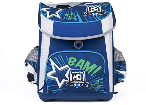 SCOOLSTAR Fußball Schulranzen Jungen 1 Klasse Tornister Schulrucksack Schultasche ✪ SEHR LEICHT ✪ Set 7 TLG. ✪ inkl. Federmäppchen, Turnbeutel, Regenschutz, Trinkflasche, Brotdose, Sporttasche