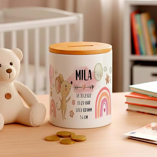 Maus Geburts-Daten Kinder-Spardose für Mädchen mit Namen personalisiert zur Einschulung Taufe Geburtstag Geburt Sparschwein Geldgeschenk Kinderspardose