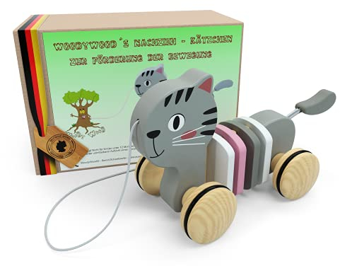 WoodyWood® Nachziehspielzeug Katze, Holzspielzeug für Babys und Kinder, Kinderspielzeug ab 1 Jahr zum Ziehen, Schieben, Spielen, Nachziehtier zur Förderung der Bewegung & Motorik (Katze)