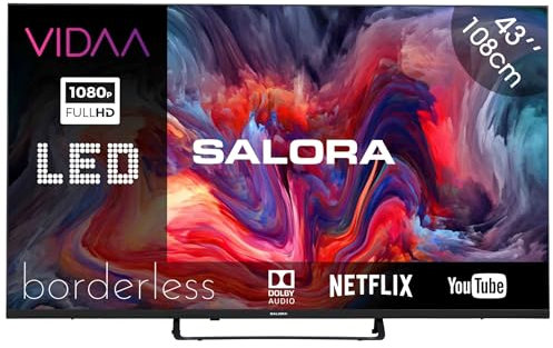 SALORA FOD HV Smart TV 43 Pollici, Televisore con Vidaa Display HD Smart TV Android, Sintonizzatore DVB-T2/S2 HEVC 10, WiFi, compatibile per Netflix | Classe di Efficienza Energetica E LED | Nero