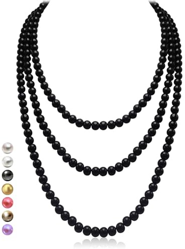 HALUKAKAH Collar Largo de Perlas de Años 1920 para Mujeres - Exquisitas Perlas Cultivadas Naturales - Lujoso Hilo de 8mm con Elegancia Atemporal - Negro Medianoche 150cm - para Ocasiones Especiales