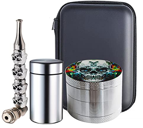 Herb Grinder Set, Spespo Spice Grinder Metal Zinc Alloy 4 Piece 2.0 inch(5cm) Skull Pattern with Pipes and Sealed Jar and Portable Case, Grinder Gift Set for Men and Dad