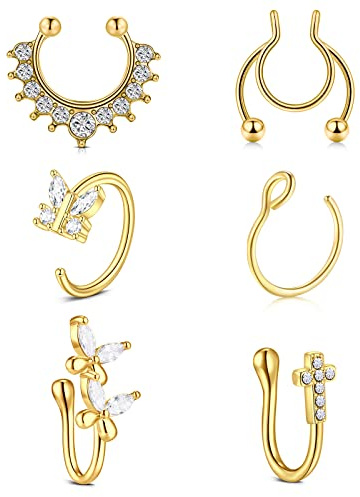 AceFun Gefälschte Piercing Septum Ringe Lippen Ohr Faux Nasenpiercing Schmetterling Kreuz Kubikzirkon Fake Septum Hoop für Männer Frauen 16G 1,2 MM 18G 1,0 MM 8 MM 14 MM Einstellbar Gold